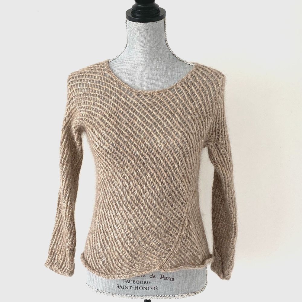 Eileen Fisher Textured Brown Crew Neck Open Knit Sweater Sz L Italian Yarn Chic